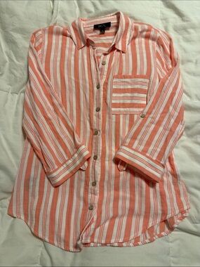 BCX - Coral and White Striped Button-Down Shirt - Medium